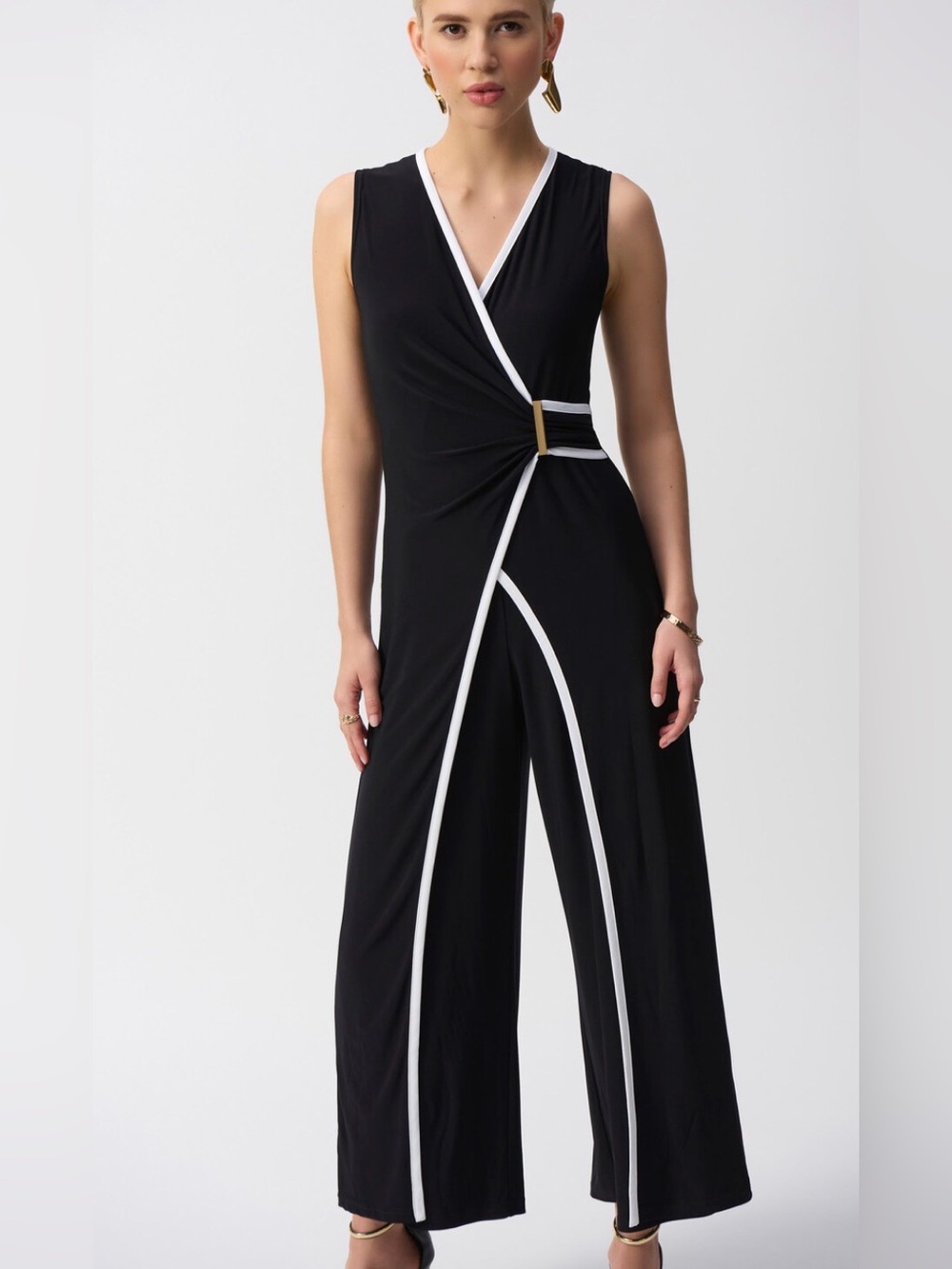 Joseph Ribkoff Contrast Trim Wide Leg Jumpsuit Gold Buckle Black Size 8